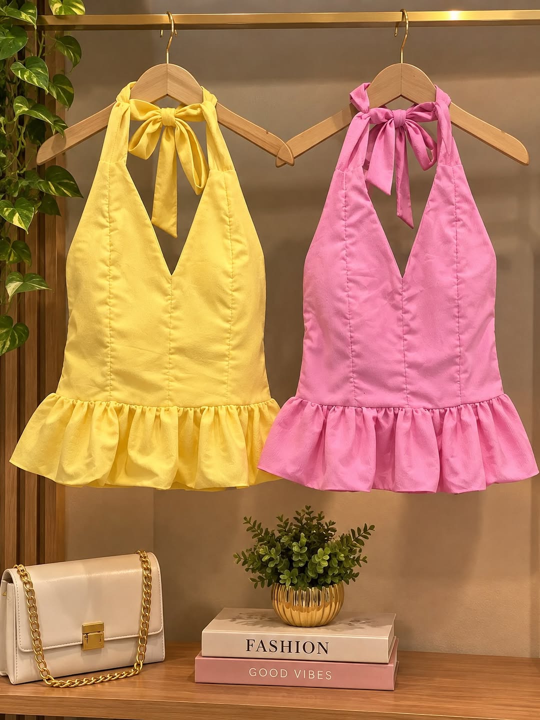 Peças frente única em amarelo e rosa penduradas em cabides