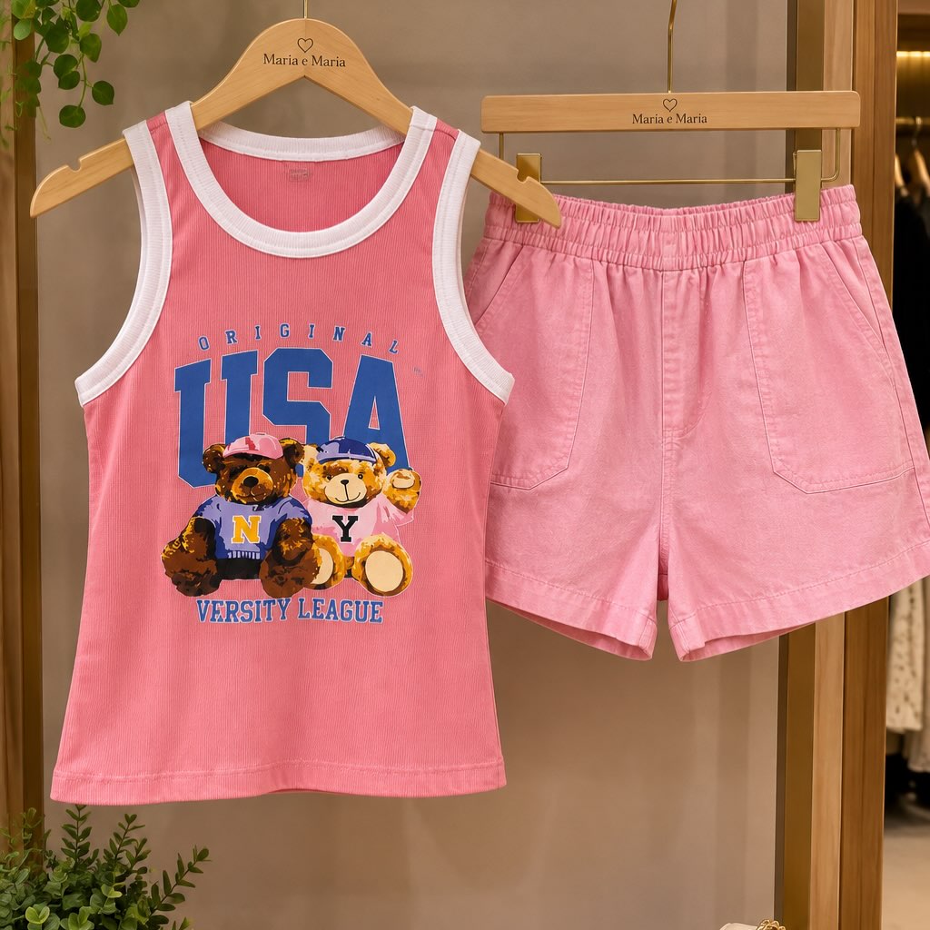 Regata estampada e short rosa apresentados lado a lado em cabides